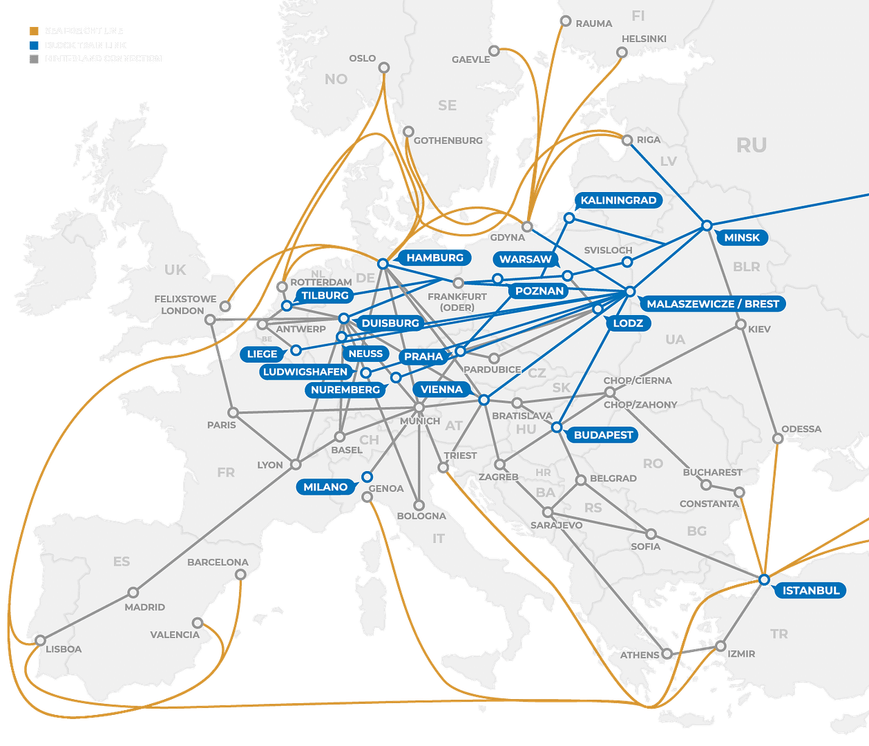 Map of Europe showing intermodal connections to hinterland hubs