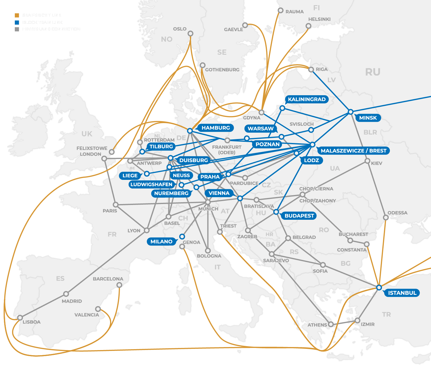 Map of Europe showing intermodal connections to hinterland hubs
