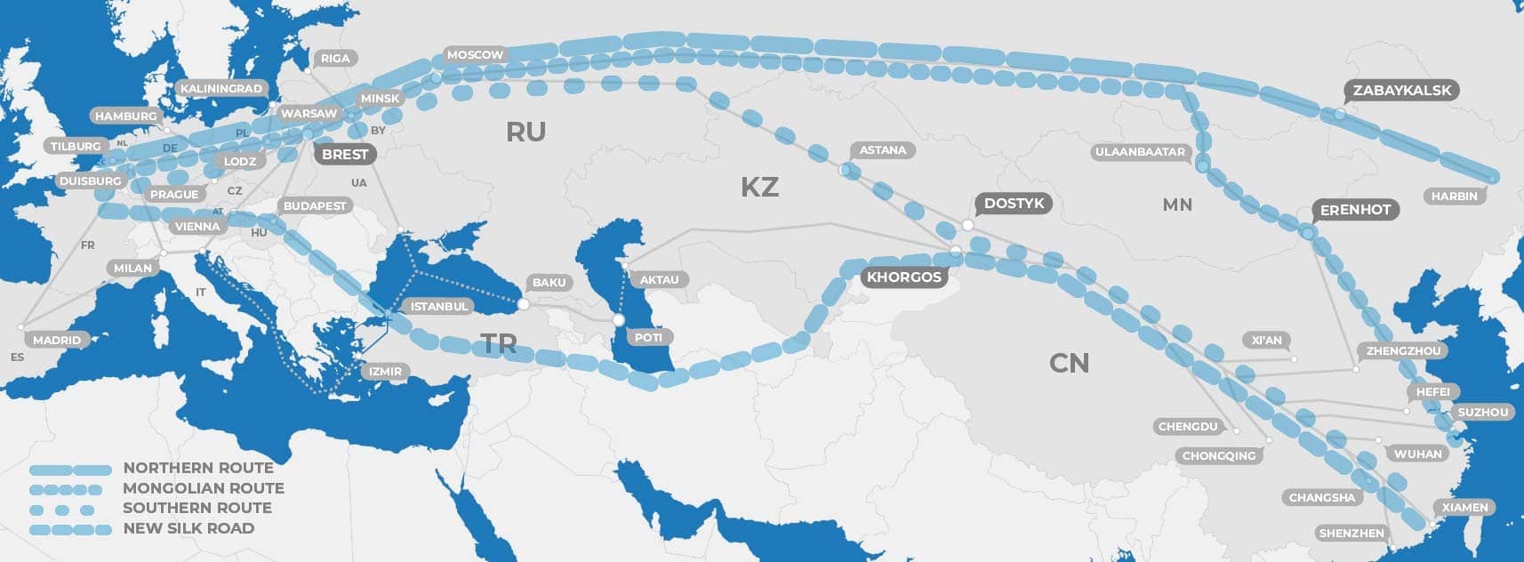 Map displaying four trans eurasian railway routes between China and Europe