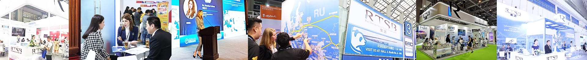 Pictures of RTSBs presence at exhibitions and congresses with employees speaking to customers and giving speeches