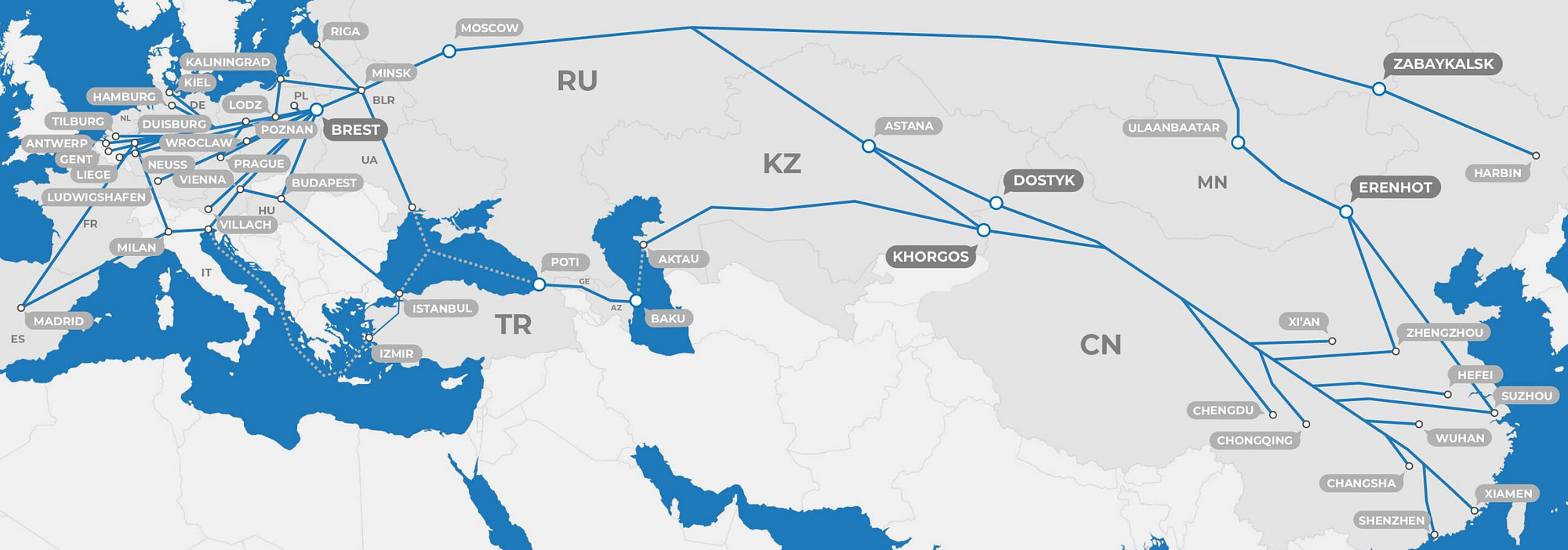 Map of Eurasia showing train routes between Europe and China