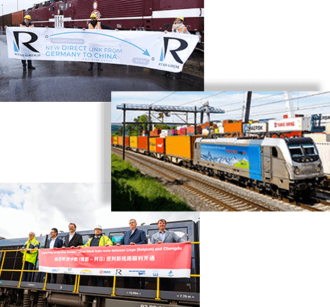 RTSB employees holding banner standing in front of freight train in Ludwigshafen