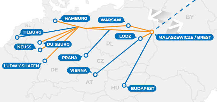 Map of Public Train routes between Brest and European Destinations