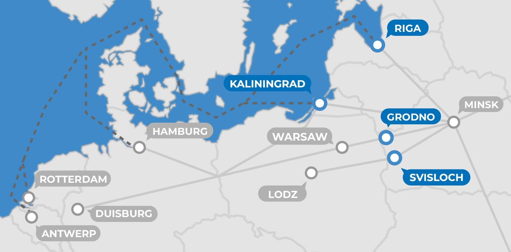 Map showing alternative gateways to the main hub Brest leading into Europe