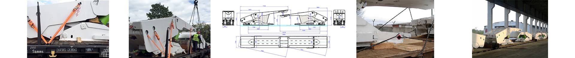 Collage of the loading process mining machinery including technical drawing