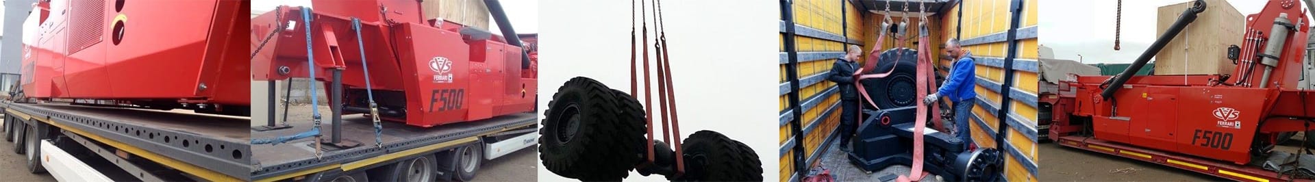 Collage of red reach stacker parts being loaded on a truck by crane