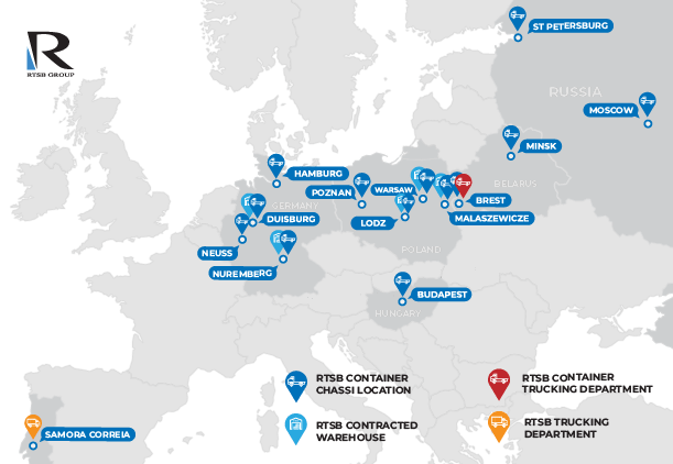 Map of RTSB Trucking departments in Europe and Russia