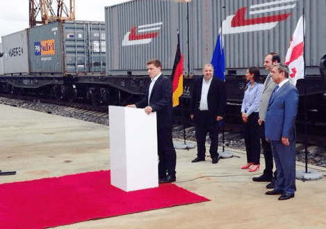 RTSB CEO giving speech at first train departure from Poti to Baku